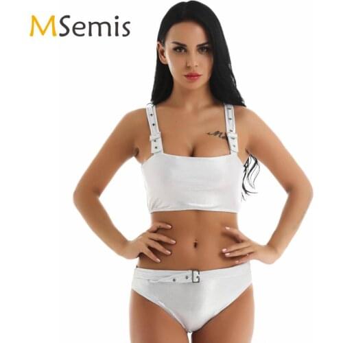 Womens Bikini Swimsuits Shiny Metallic Bikini Set Swimsuit Crop Top with Buckled Bikini Bottoms Swimming Bathing Suit Clothes