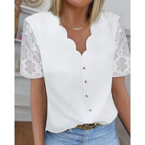 2021 Women Elegant V Neck Plain Lace Patchwork Button Design White Ladies Top Summer Casual Workwear T-Shirts Womens Clothes
