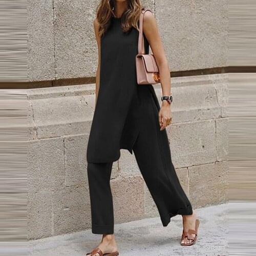 Women Summer Sets new 2 Piece Casual Loose Sleeveless Split Top High Waist Wide Pants 2021 Fashion Solid Lady Suits Tracksuit