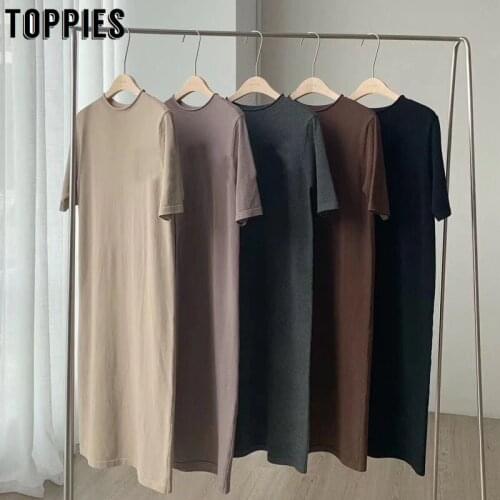 2020 summer short sleeve dress solid color korean midi dress women cotton round neck straight pullover
