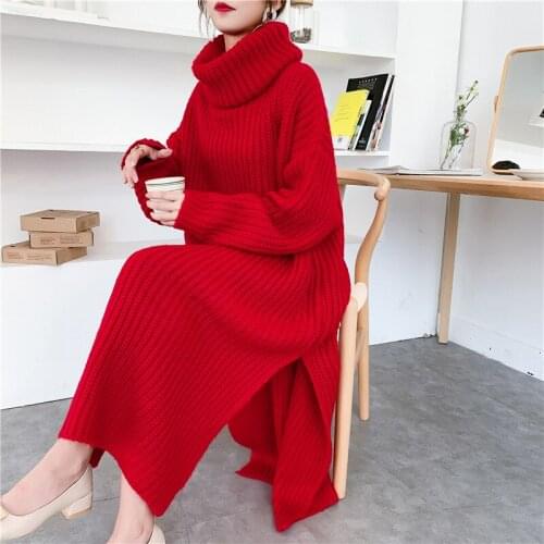 [ZAYAU]Turtleneck Pullover womens Loose Fall / Winter Christmas Red Retro Knee Length Sweater Dress Short in Front and Long