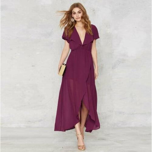 Custom Made 2017 New Fashion Women Ruffle Sleeve Sexy V Neck Backless Dress Solid Color Elegant Evening Party Chiffon Dress