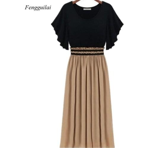 2021 Summer Dress Fashion Knit Patchwork Chiffon Short Sleeve Slim Waist One-Piece Dress Women