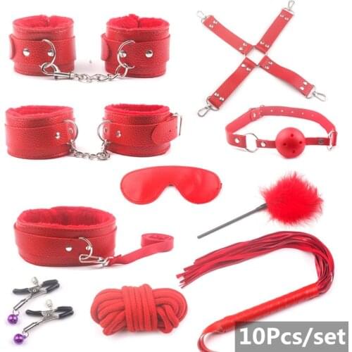 10Pcs High Quality Leather Bdsm Bondage Set with Plush Handcuffs Nipple Clamp Porn Whip Adult Games Sex Products