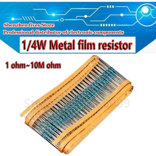 100pcs/lot 1/4W 1% Metal film resistor 1R~1M 100R 220R 330R 1K 1.5K 2.2K 3.3K 4.7K 10K 22K 47K 100K 100 220 330 1K5 2K2 3K3 4K7
