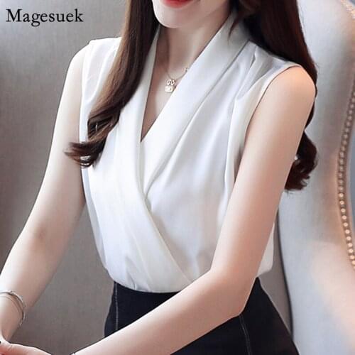 2021 Summer White Blouse Women V Neck Sleeveless Loose Chiffon Shirt Tops Female Casual Solid Office Ladies Blouses Blusas 3534