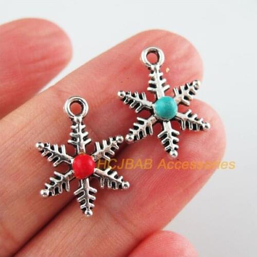 30Pcs Tibetan Silver Tone Flower Red & Blue Stone Snowflake Charms Pendants 13.5x18mm