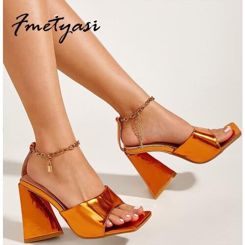 High-heeled Sandals for Women Summer New Party Fashion Metal Chain Ankle Buckle Open Toe Triangle Square Heels Dress Shoes