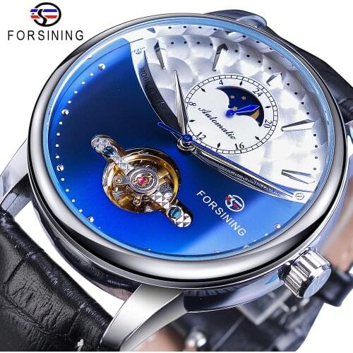 Forsining Classic Blue Moon Phase Mechanical Watches Automatic Tourbillon Mens Genuine Leather Watch Relogio Masculino Dropship