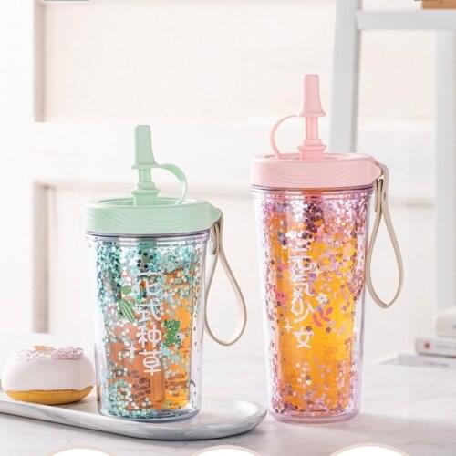 Lovely Shinning Water Bottle Cup with Straw Cartoon Plastic Water Cup Cute Kids Girl School Kawaii Bottles Flask Pink