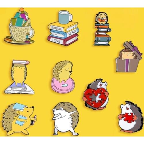Cute Cartoon Hedgehog Brooch Creative Book Cup Stitching Heart Metal Badge Pin For Kids Costume Backpack Jewelry Gift