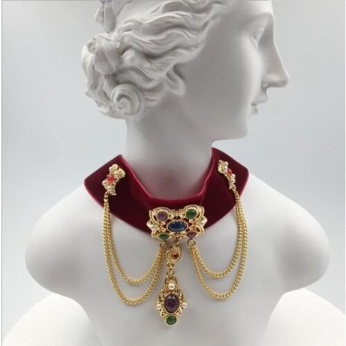 Antique palace style gold velvet ribbon colored diamond gemstone necklace choker collar series