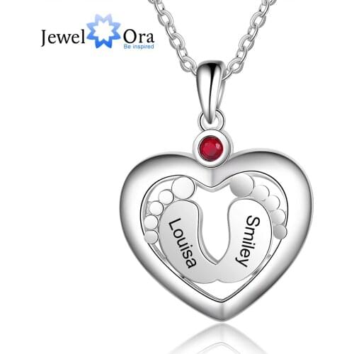 JewelOra Personalized Baby Feet Heart Pendant Necklace Customized Birthstone Engraved Name Charm Jewelry Memory Gift for Women