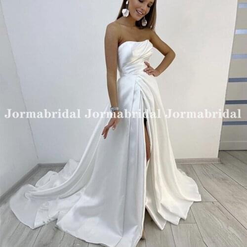 Pleat Satin Wedding Dresses Strapless A-Line Bridal Gowns Princess Custom Made High Split Wedding Gown vestido de noiva 2021