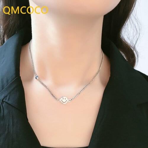 QMCOCO 925 Silver Smiley Face Necklace INS Fashion Vintage Punk Clavicle Chain For Women Birthday Party Jewelry Gifts