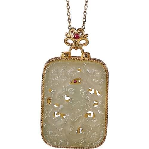S925 sterling silver gold plated Hetian Jade Gray Jade vintage hollow carp Lotus perfume bag sweater chain pendant