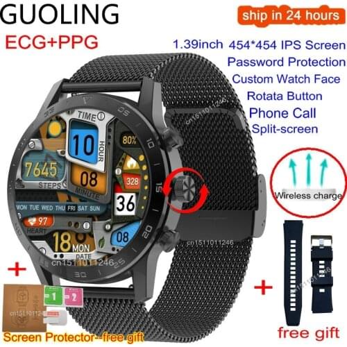 GUOLING 454*454 HD pixels 1.39inches Display screen Smart Watch Men Bluetooth Call Wireless Charger Rotary Button ECG Smartwatch