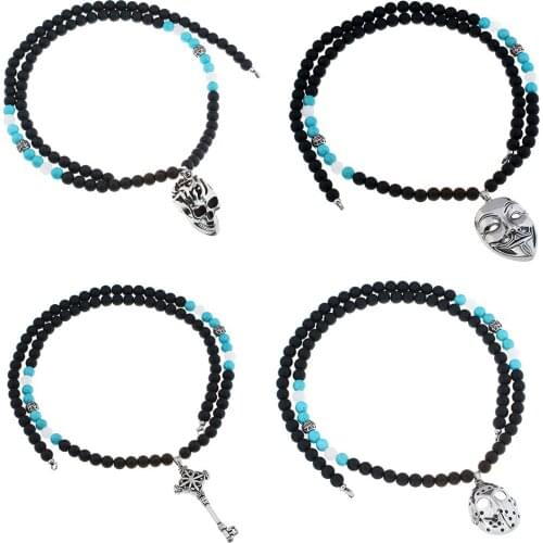 Glass Beads 96cm Long Chain Necklace For Men Hiphop/rock Stainless Steel Skull Mask Key Pendant Statement Necklace