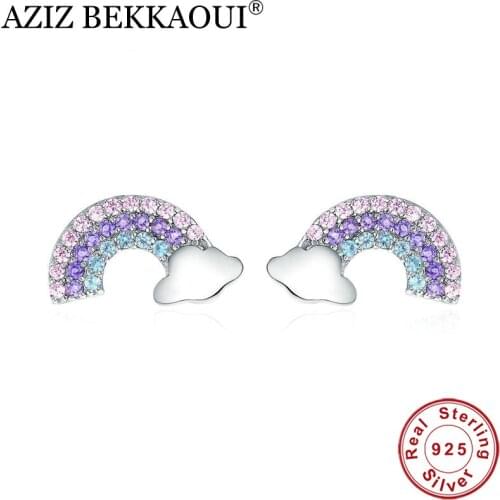 AZIZ BEKKAOUI Authentic 925 Sterling Silver Clear CZ Colorful Rainbow Stud Earrings for Women Ear Jewelry Party Earrings
