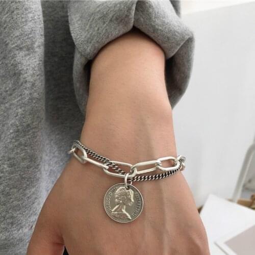 Retro Silver Color Coin Bracelet for Women OT Buckle Charm Double Chains New Design Bracelets Female 2020 Fashion Jewelry Simple