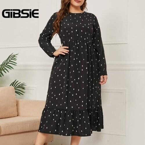 GIBSIE Plus Size Casual Print Long Dress Women Autumn O-Neck Long Sleeve Black Elegant High Waist Ruffle Hem Dresses 2021 New