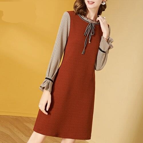 Round Neck Plaid Stitching Lace Commuter Mid-waist Flared Sleeve Womens Dress Retro Slim Hedging Autumnl Ladies A-line Dress