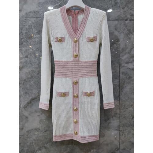 2021FW Autumn High Quality Women V Neck Knitted Long Sleeve Slim Casual Shoulder Pads Dress For Female 2 Color Ddxgz2 9.05
