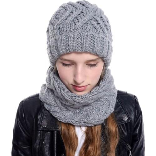 Winter scarf hat set Knitted hat for women Winter warm stretch knit cap adult outfit Girls knitted beanie hat with scarf WH108D