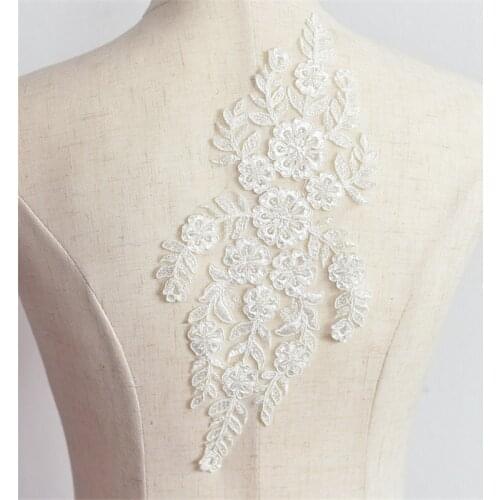 1Pc Ivory 30X14cm Polyester Embroidered Lace Flower Wedding Dress Beaded Diy Flower Lace Applique Fabrics Material BD0373