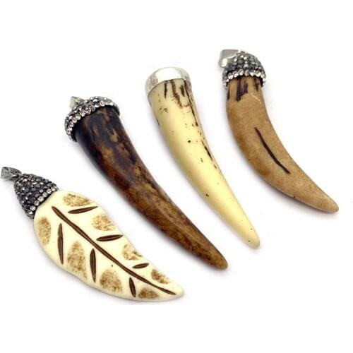 1pcs Resin Beef Bone Pendant Flared Leaf Shape Set with Diamonds Pendant DIY Necklace Jewelry Making Accessories Natural Stone