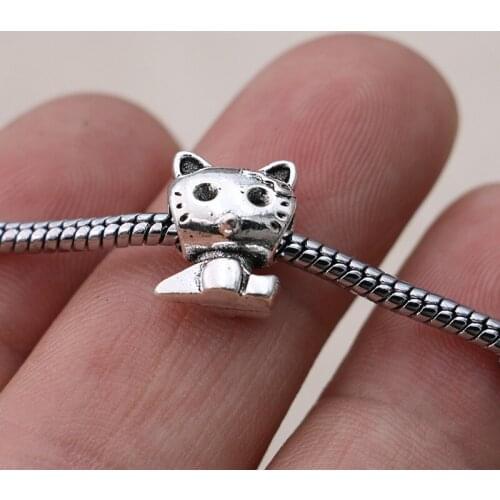 10PCS Antique Silver Plated Lovely Cat Beads Fit Pandora Jewelry Making Charm Bracelet DIY Accessories Handmade Craft 11mm