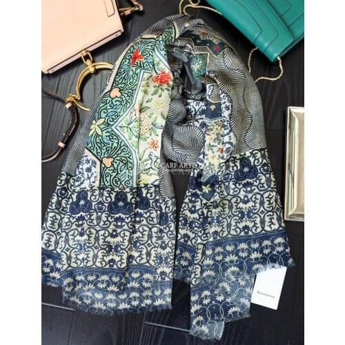 100% Cashmere Scarf Women Winter Pashmina Shawl Wraps Blue and White Charming Prints Soft and Lightweight 200x100cm