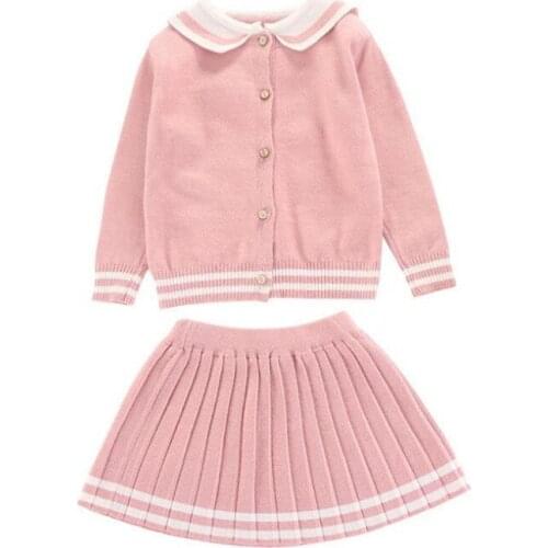2019 Girl Clothing Set Fall Princess Long Sleeve Cartoon Peter Pan Collar Cardigan Sweater+Knitted Tutu Skirt 2-7Y Girls Clothes