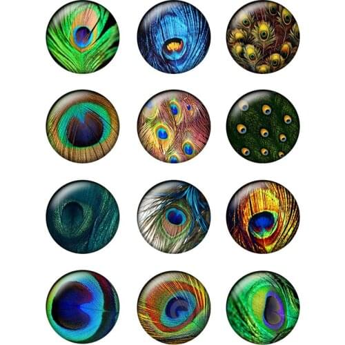 24pcs/lot Round Glass Cabochon Colorful Peacock Birds feather Images Glass Dome Fit Cameo Base Setting Jewelry Findings T139