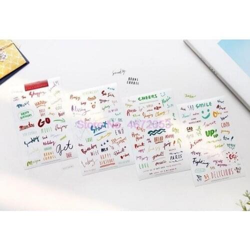 500sets/lot 8 Sheets = 1 set Kawaii Sticker Diary Stickers Transparent Black English Word Student Papeleria Stationery Sticker