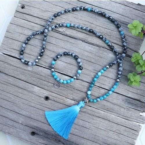 8mm Natural Stone Bead,Snowflake Obsidian,Apatite,Create,JapaMala Sets,Spiritual Jewelry,Meditation,Inspirational,108 Mala Beads