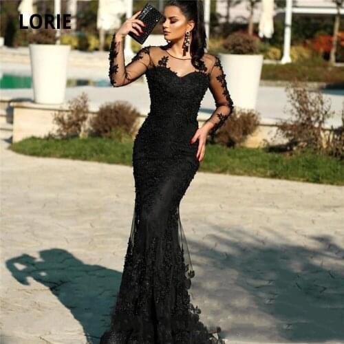 LORIE Long Sleeves Black Lace Mermaid Evening Dresses Vintage 2020Beads Appliques Sweep Train Formal Prom Party Gowns Plus Size