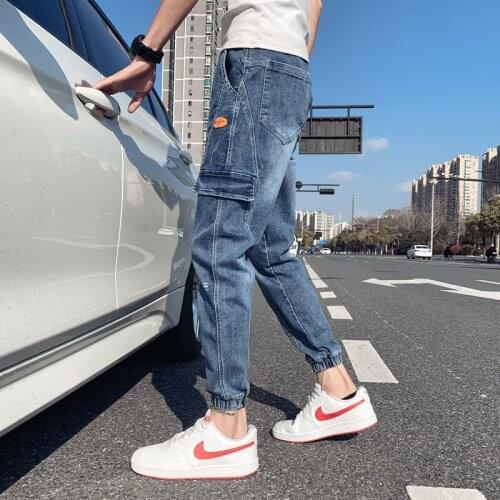 Stitching Jeans Washed Casual Trend Ankle-length Denim Pants Mens Korean Slim Elastic Waist All-match Pencil Trousers Thin