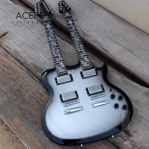 Silver Burst Color Acepro Double Neck Electric guitar with Basswood Body Carved top, Abalone custom stem inlays, Chrome Hardware