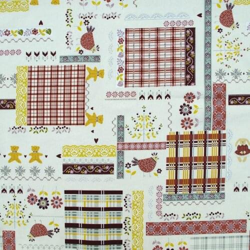 Cotton Linen Fabric for sewing pathwork, bedding, hadmaking, Patch, flower and bird - brown (width=140cm)
