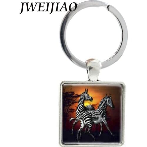 JWEIJIAO Zebra Animal Keychains Color Metal Alloy Keyring Key Buckle Glass Cabochon Square Charms Pendant Jewelry J448