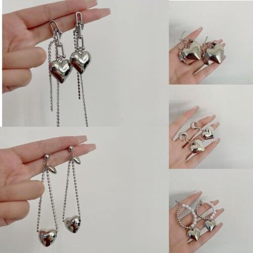 Korea Fashion Zircon Pearl Exaggerated Metal Heart Irregular Splicing Chain Drop Earrings for Women girl Party Jewelery