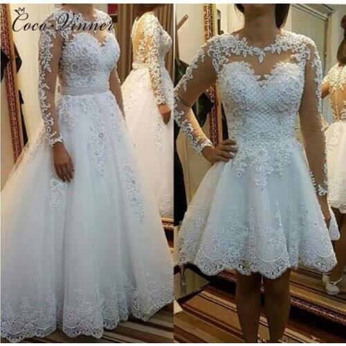 Beautiful Pearls beading 2 IN 1 A line Wedding Dress Detachable Skirt Long Sleeve Illusion Lace Wedding Dresses W0278-B