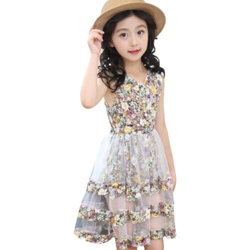 Summer Dresses For Girls Floral Pattern Kids Summer Dress Sleeveless Children Party Dress Teenage Girls Clothes 6 8 10 12 13 14