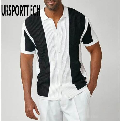 Summer Shirt Men 2021 Casual Knitted Blouse Oversize 4XL Short Sleeve Shirts Mens Vintage Patchwork Elasticity Streetwear Tops