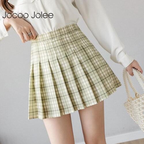 Jocoo Jolee 2021 Women Summer Sexy Korean Pleated Plaid A-Line Palid High Waist Mini Skirt Preppy Zipper Sweet Kawaii Casual