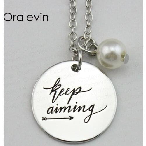 Fashion KEEP AIMING Inspirational Hand Stamped Engraved Accessories Custom Charms Pendant Necklace Jewelry,10Pcs/Lot, #LN1723