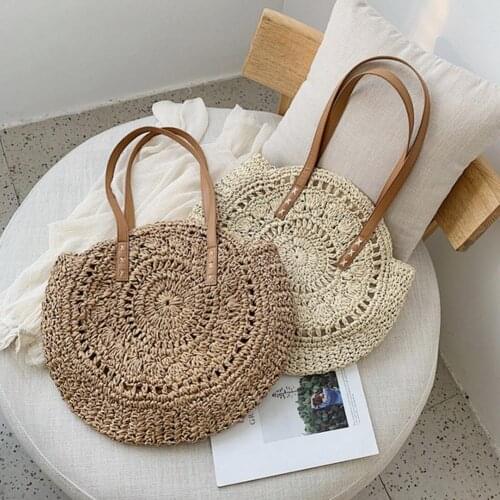2019 New Women Woven Round Shoulder Bag Bohemian Summer Straw Beach Handbag For Travel Shopping Female Tote Rattan Wicker Bags