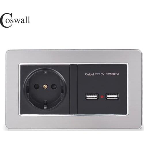 COSWALL Wall Socket EU Standard Power Outlet With Dual USB Smart Induction Charge Port For Mobile 5V 2.1A Stainless Steel Panel