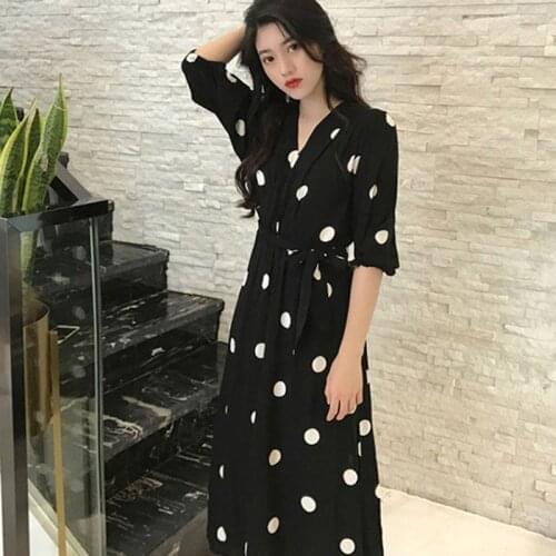 Spring Summer Polka Dot V-Neck Dress Fashion Retro Chiffon Dress Three Quarter Sleeve Long Dress
